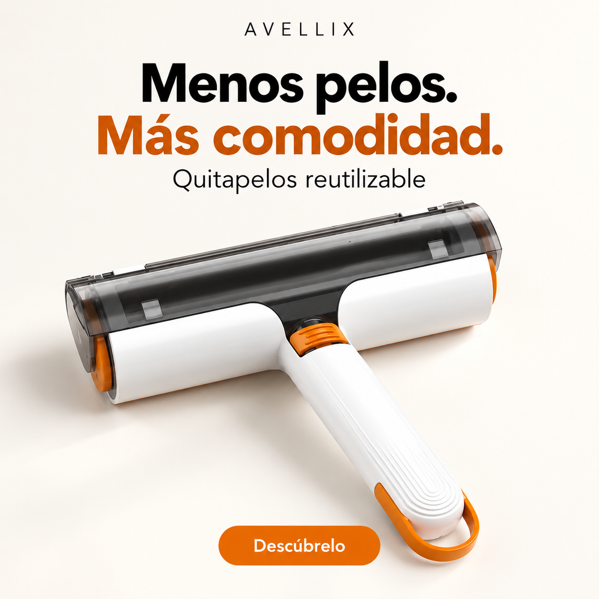 Quitapelos reutilizable Avellix blanco y naranja sobre fondo claro